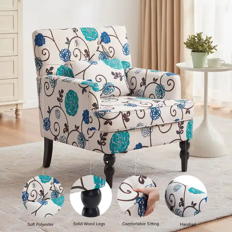Sillón decorativo tapizado con botones y almohada lumbar | Azul lago / Gris / Beige / Marrón | Un asiento