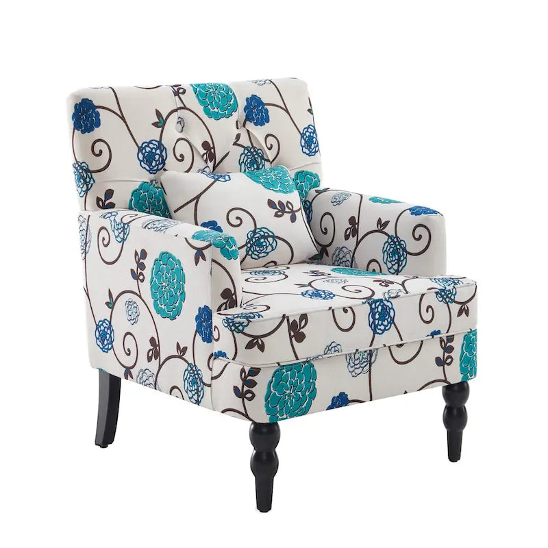 Sillón decorativo tapizado con botones y almohada lumbar | Azul lago / Gris / Beige / Marrón | Un asiento