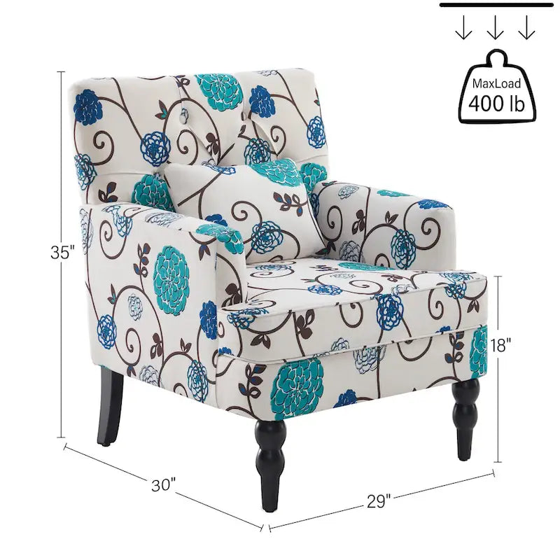 Sillón decorativo tapizado con botones y almohada lumbar | Azul lago / Gris / Beige / Marrón | Un asiento