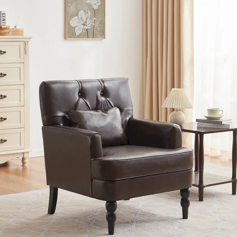 Sillón decorativo tapizado con botones y almohada lumbar | Azul lago / Gris / Beige / Marrón | Un asiento