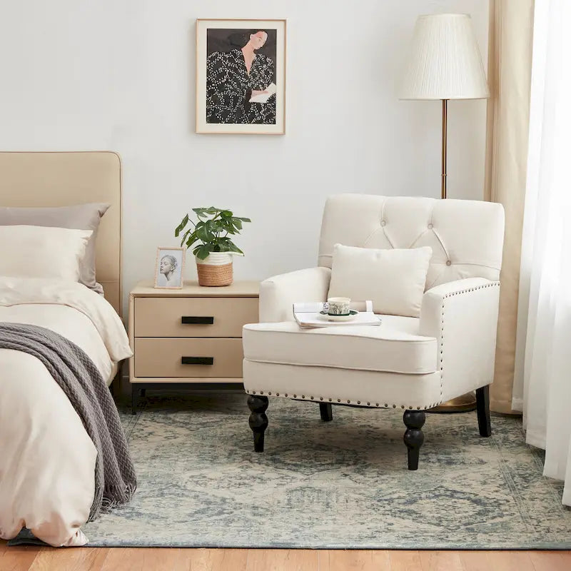 Sillón decorativo tapizado con botones y almohada lumbar | Azul lago / Gris / Beige / Marrón | Un asiento
