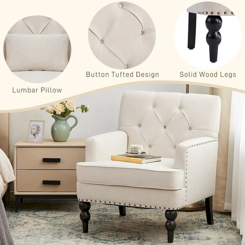 Sillón decorativo tapizado con botones y almohada lumbar | Azul lago / Gris / Beige / Marrón | Un asiento
