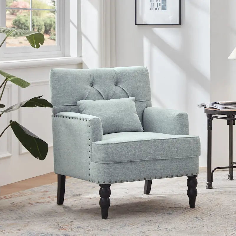 Sillón decorativo tapizado con botones y almohada lumbar | Azul lago / Gris / Beige / Marrón | Un asiento