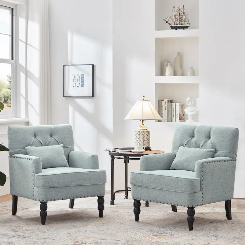 Sillón decorativo tapizado con botones y almohada lumbar | Azul lago / Gris / Beige / Marrón | Un asiento