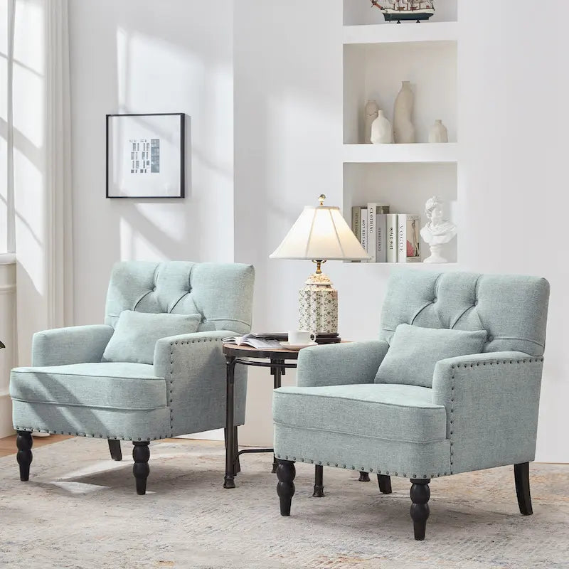 Sillón decorativo tapizado con botones y almohada lumbar | Azul lago / Gris / Beige / Marrón | Un asiento