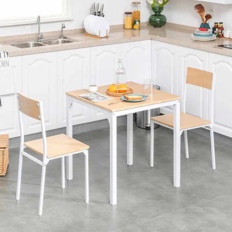 HOMCOM 3-Piece Wooden Square Dining Table Set with 1 Table and 2 Chairs and Sturdy Metal Frame, White