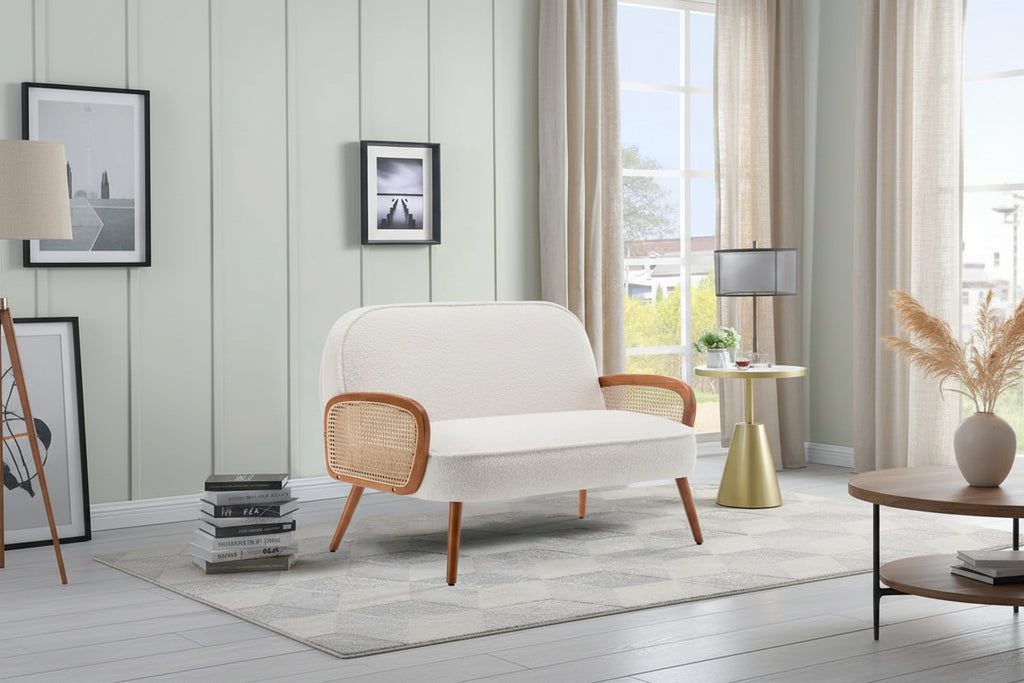 41 W Small Loveseat with Natural Rattan Arms,Upholstered Modern Mini Sofa Couch Love Seat Settee Bench with Back