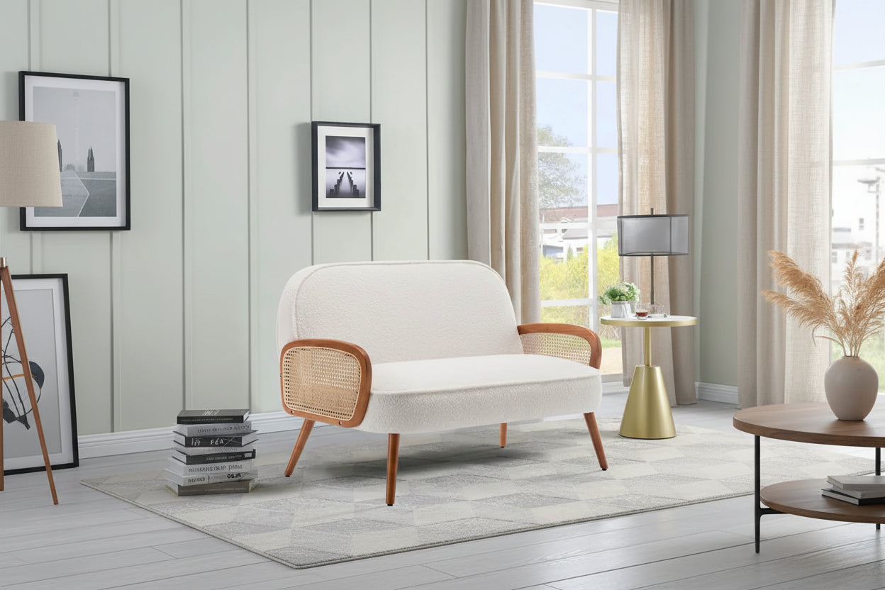 41 W Small Loveseat with Natural Rattan Arms,Upholstered Modern Mini Sofa Couch Love Seat Settee Bench with Back