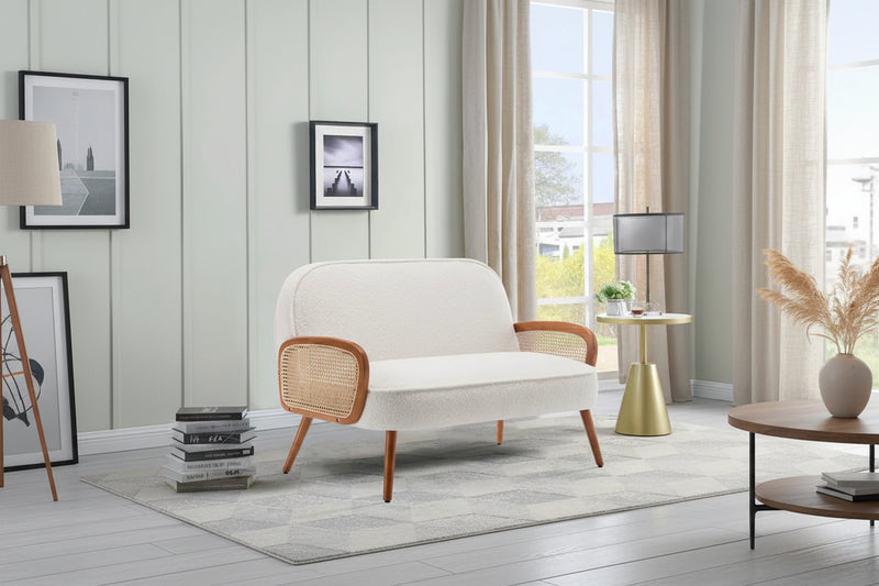 41 W Small Loveseat with Natural Rattan Arms,Upholstered Modern Mini Sofa Couch Love Seat Settee Bench with Back