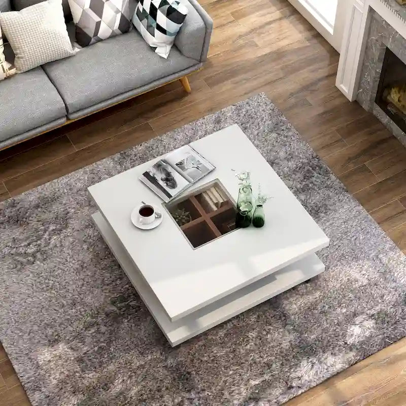 Mesa de centro moderna de perfil bajo, blanca con inserto de cristal de 2 niveles