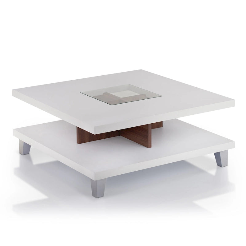 Mesa de centro moderna de perfil bajo, blanca con inserto de cristal de 2 niveles