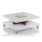 Mesa de centro moderna de perfil bajo, blanca con inserto de cristal de 2 niveles