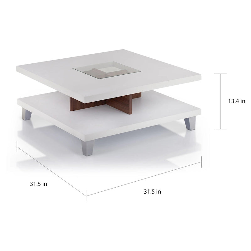 Mesa de centro moderna de perfil bajo, blanca con inserto de cristal de 2 niveles