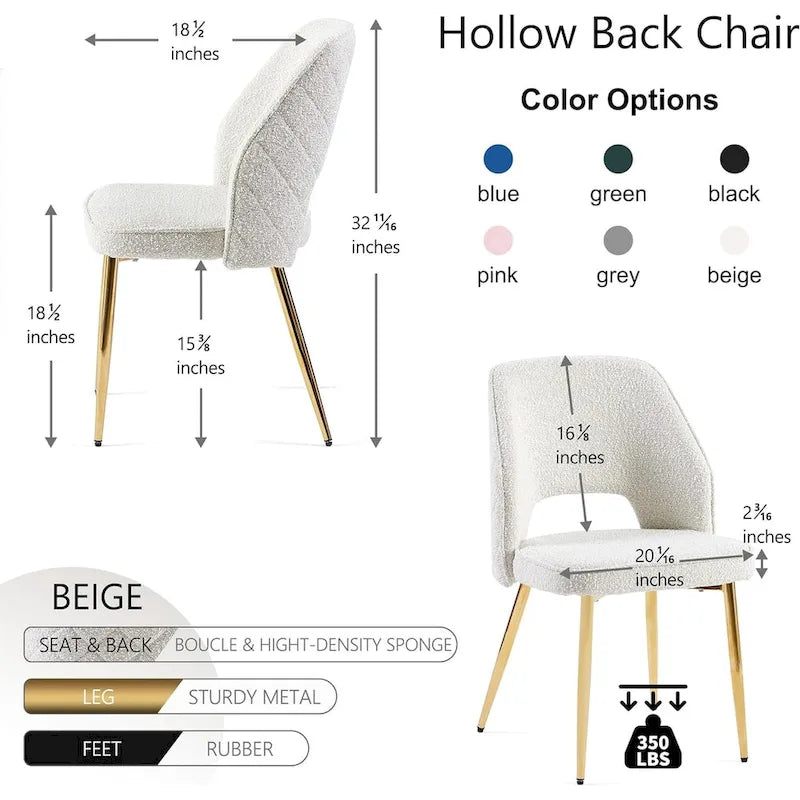 Silla de comedor Velvet Hollow-Back, juego de 4 – Beige / Azul oscuro / Negro / Verde oscuro / Gris / Rosa