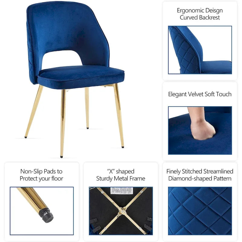 Silla de comedor Velvet Hollow-Back, juego de 4 – Beige / Azul oscuro / Negro / Verde oscuro / Gris / Rosa
