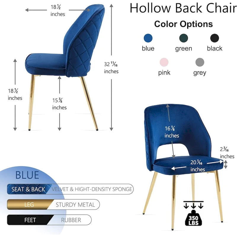 Silla de comedor Velvet Hollow-Back, juego de 4 – Beige / Azul oscuro / Negro / Verde oscuro / Gris / Rosa