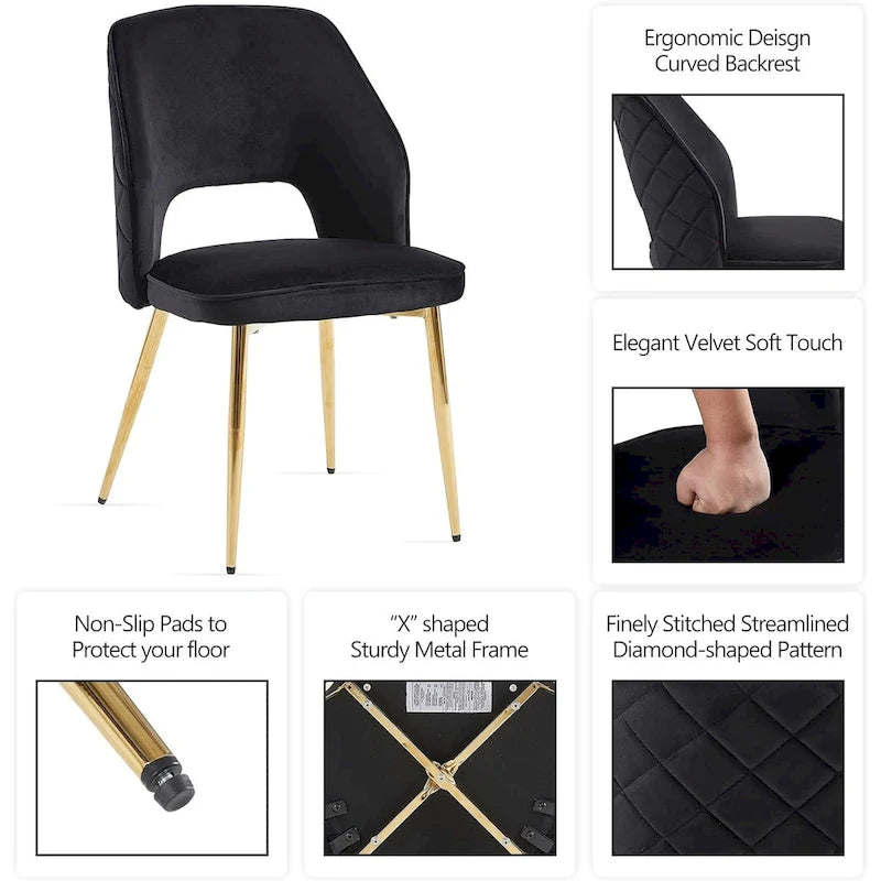 Silla de comedor Velvet Hollow-Back, juego de 4 – Beige / Azul oscuro / Negro / Verde oscuro / Gris / Rosa