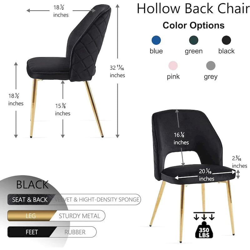 Silla de comedor Velvet Hollow-Back, juego de 4 – Beige / Azul oscuro / Negro / Verde oscuro / Gris / Rosa