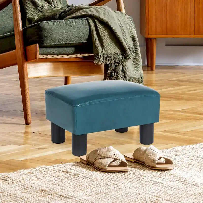 Puf otomano cuadrado de piel sintética – Azul pavo real / Amarillo / Multicolor – Asiento individual