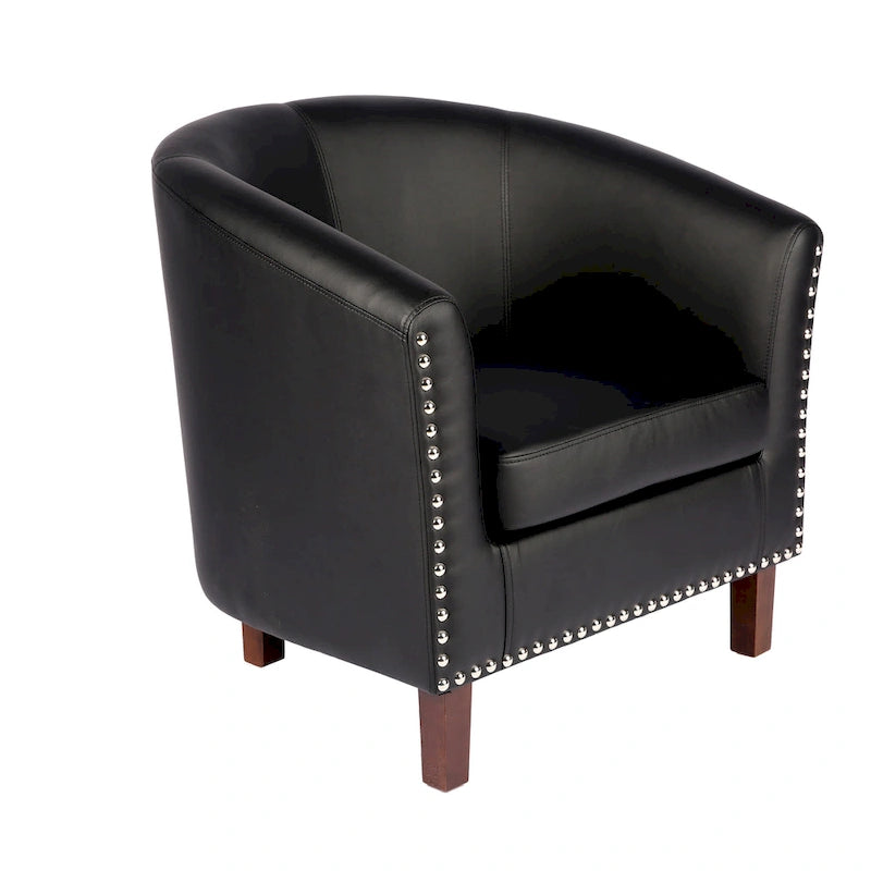 Sillón individual tipo barril de piel sintética con detalles de tachuelas