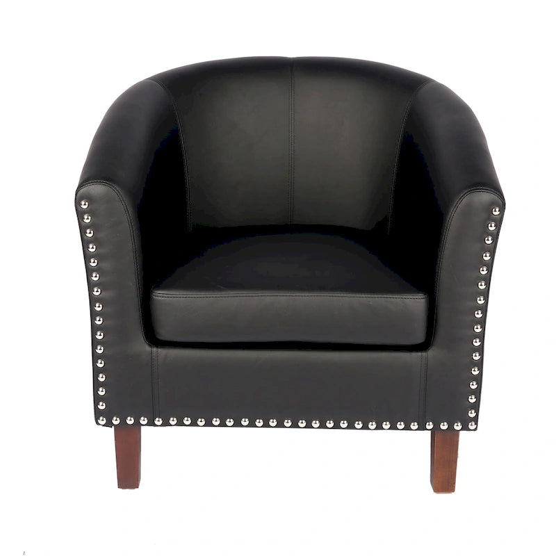 Sillón individual tipo barril de piel sintética con detalles de tachuelas