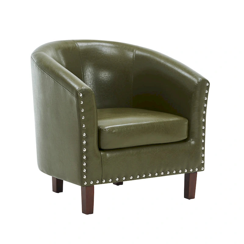 Sillón individual tipo barril de piel sintética con detalles de tachuelas