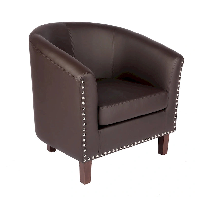 Sillón individual tipo barril de piel sintética con detalles de tachuelas