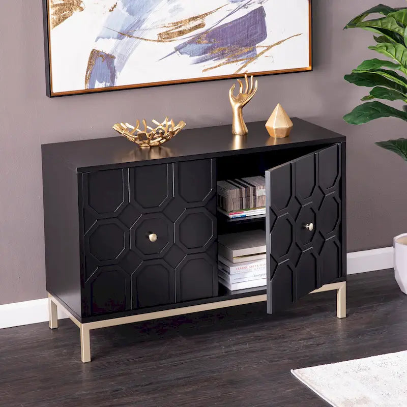 Mueble auxiliar de 2 puertas blanco/negro con herrajes dorados, montaje por 1 persona