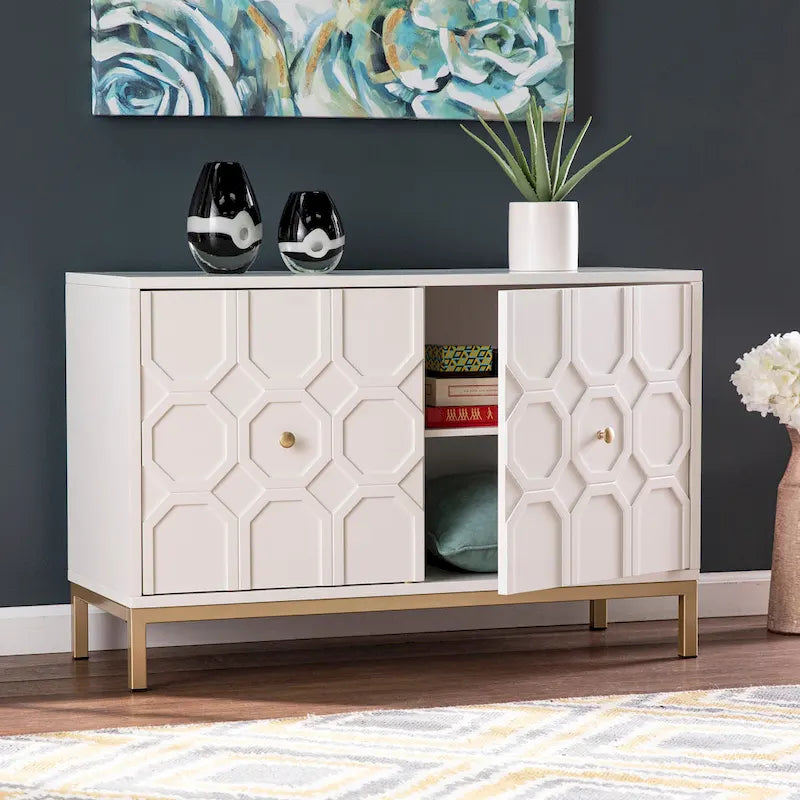 Mueble auxiliar de 2 puertas blanco/negro con herrajes dorados, montaje por 1 persona