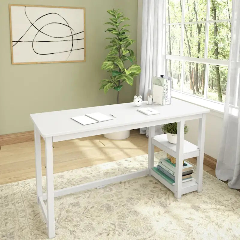 Escritorio de madera natural / blanco / gris / arcilla con 2 estantes, individual, 120-140 cm