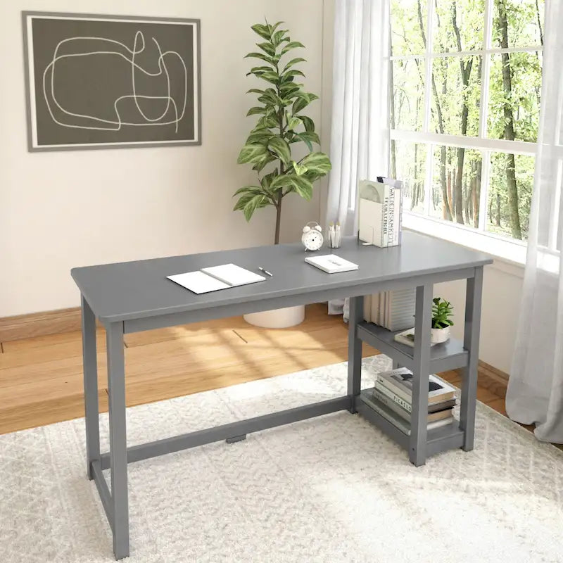 Escritorio de madera natural / blanco / gris / arcilla con 2 estantes, individual, 120-140 cm