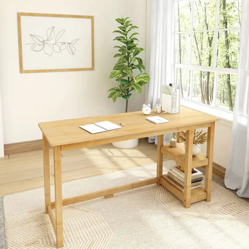 Escritorio de madera natural / blanco / gris / arcilla con 2 estantes, individual, 120-140 cm