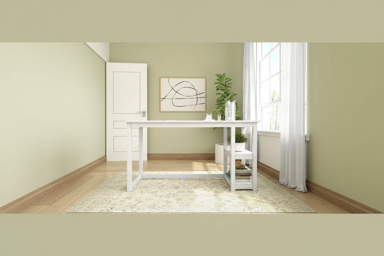 Escritorio de madera natural / blanco / gris / arcilla con 2 estantes, individual, 120-140 cm
