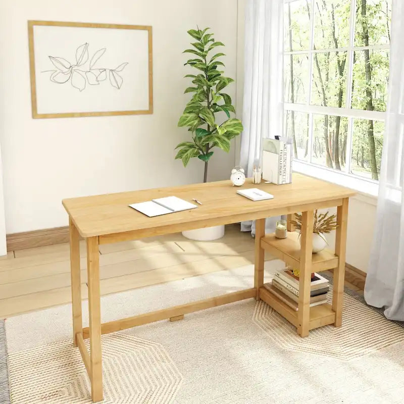 Escritorio de madera natural / blanco / gris / arcilla con 2 estantes, individual, 120-140 cm