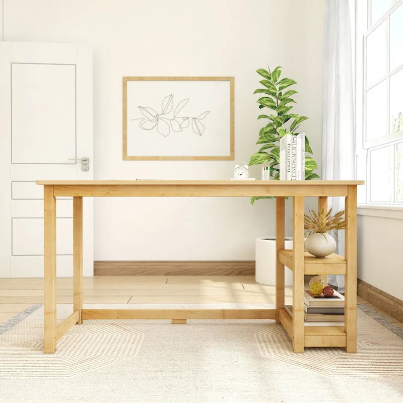 Escritorio de madera natural / blanco / gris / arcilla con 2 estantes, individual, 120-140 cm