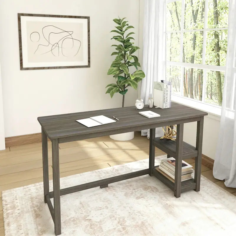 Escritorio de madera natural / blanco / gris / arcilla con 2 estantes, individual, 120-140 cm