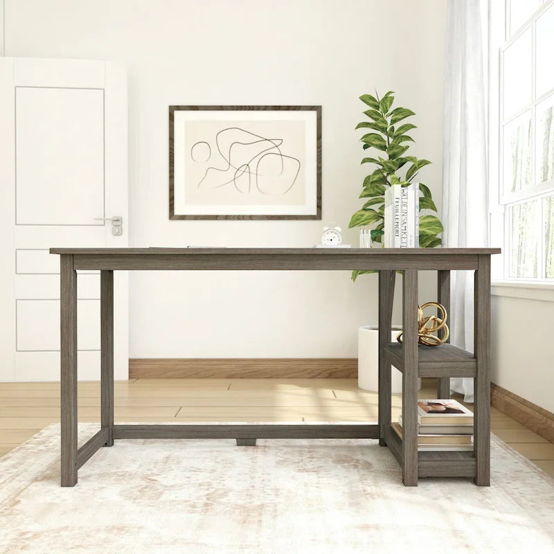 Escritorio de madera natural / blanco / gris / arcilla con 2 estantes, individual, 120-140 cm