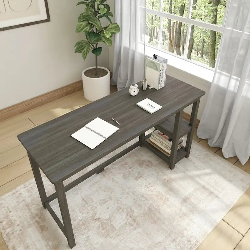 Escritorio de madera natural / blanco / gris / arcilla con 2 estantes, individual, 120-140 cm