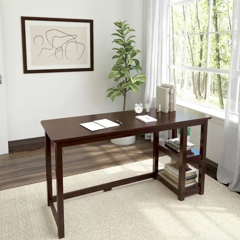 Escritorio de madera natural / blanco / gris / arcilla con 2 estantes, individual, 120-140 cm