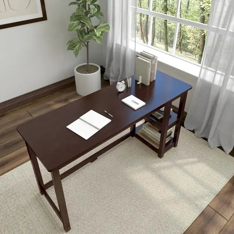 Escritorio de madera natural / blanco / gris / arcilla con 2 estantes, individual, 120-140 cm