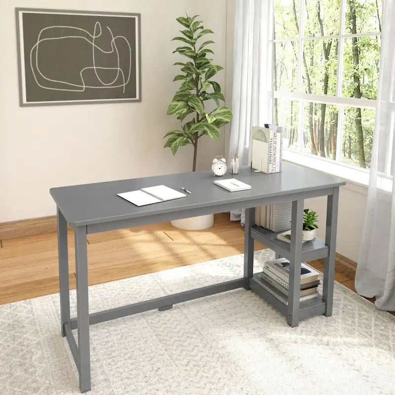 Escritorio de madera natural / blanco / gris / arcilla con 2 estantes, individual, 120-140 cm