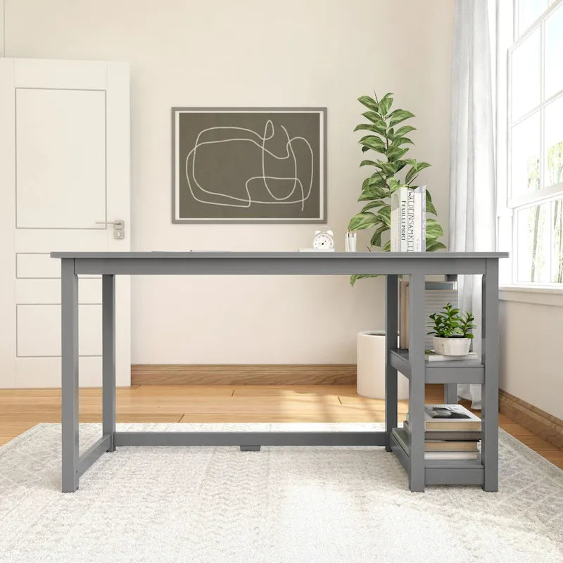 Escritorio de madera natural / blanco / gris / arcilla con 2 estantes, individual, 120-140 cm