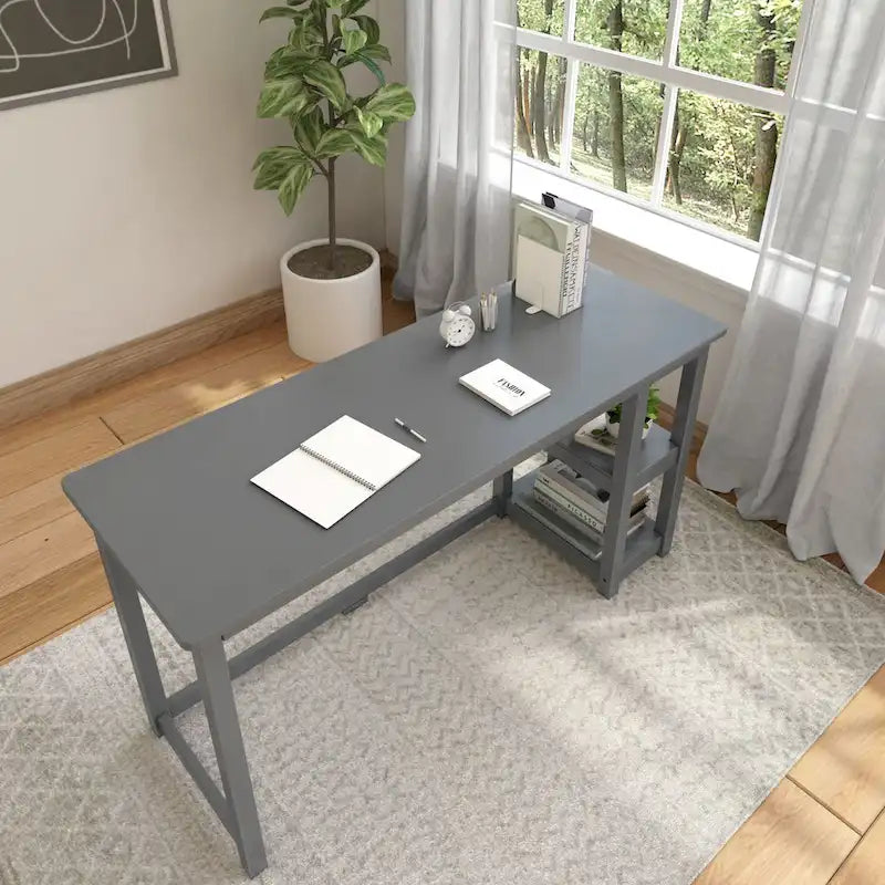Escritorio de madera natural / blanco / gris / arcilla con 2 estantes, individual, 120-140 cm