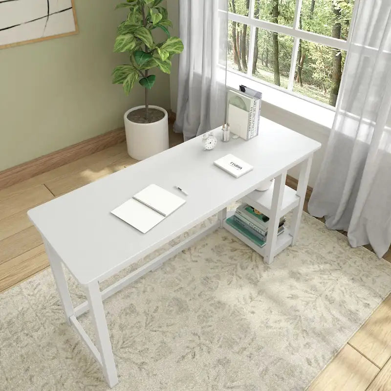 Escritorio de madera natural / blanco / gris / arcilla con 2 estantes, individual, 120-140 cm