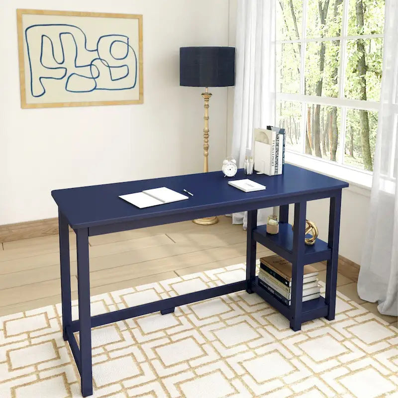 Escritorio de madera natural / blanco / gris / arcilla con 2 estantes, individual, 120-140 cm