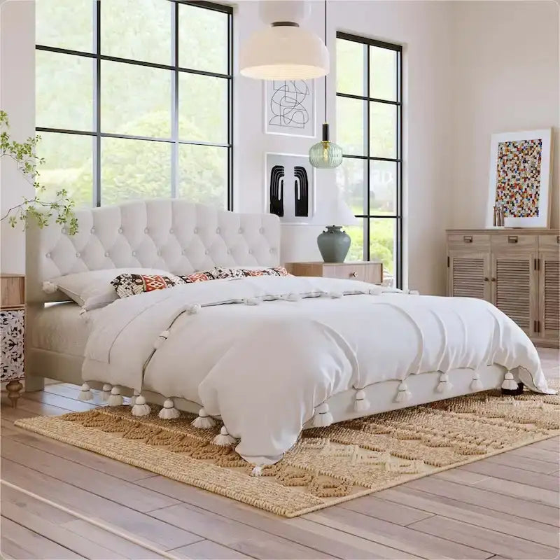 Cama King Beige con Plataforma, Cabecero Curvo Color Montura, con Mechones en Forma de Diamante, Capacidad para 2 Personas