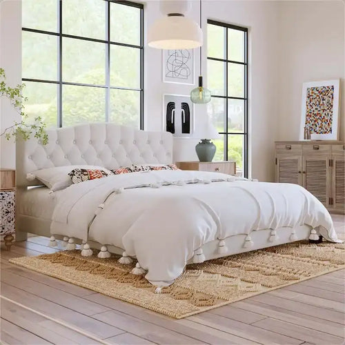 Cama King Beige con Plataforma, Cabecero Curvo Color Montura, con Mechones en Forma de Diamante, Capacidad para 2 Personas