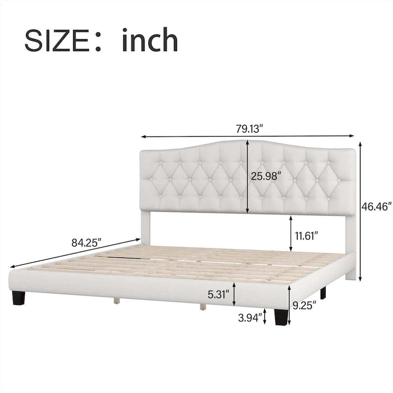 Cama King Beige con Plataforma, Cabecero Curvo Color Montura, con Mechones en Forma de Diamante, Capacidad para 2 Personas