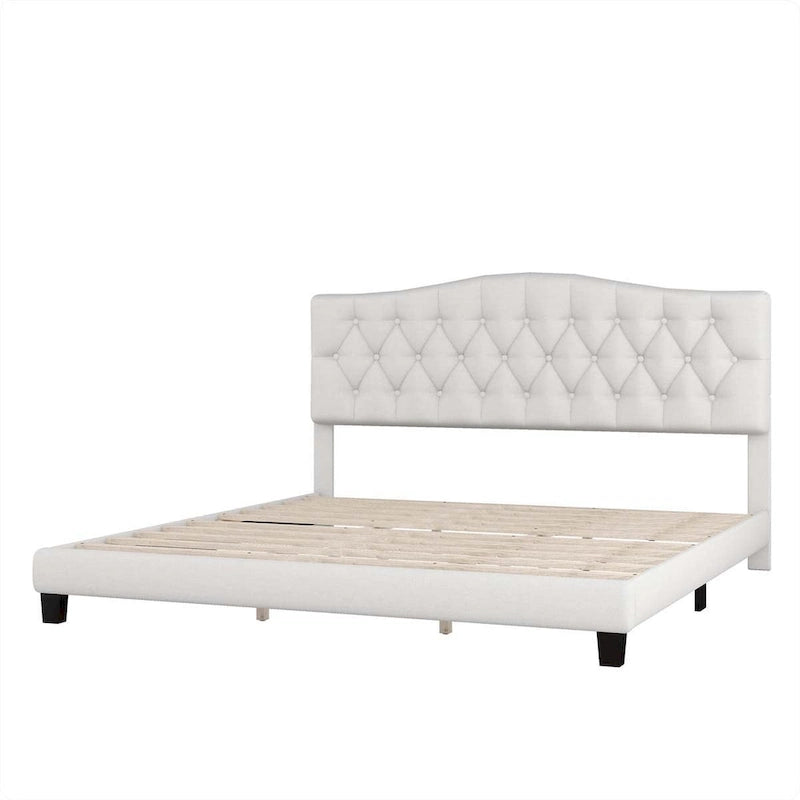 Cama King Beige con Plataforma, Cabecero Curvo Color Montura, con Mechones en Forma de Diamante, Capacidad para 2 Personas
