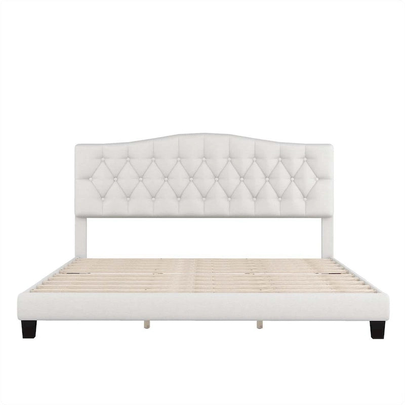 Cama King Beige con Plataforma, Cabecero Curvo Color Montura, con Mechones en Forma de Diamante, Capacidad para 2 Personas